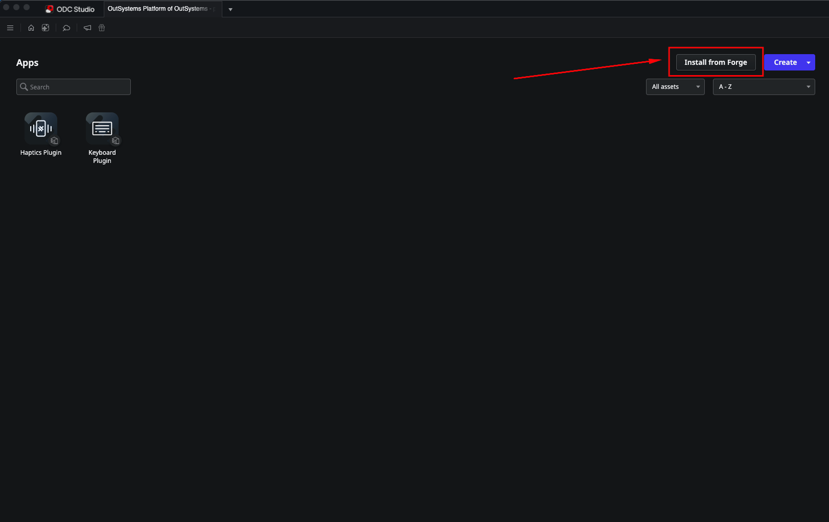 Tela do ODC Studio mostrando a seção "Aplicativos" e uma seta vermelha apontando para o botão "Instalar do Forge" no canto superior direito.