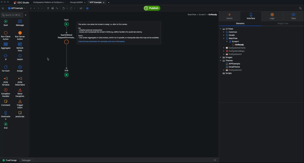 Tela do ODC Studio exibindo a adição de uma segunda ação ao fluxo lógico 'OnReady'. O usuário arrasta uma nova 'Client Action' para o fluxo, logo após a ação de 'StartSDKAndRequestPermissions'. Abre-se uma janela de seleção onde, dentro da Mobile Library 'GroupLinkSDK', é escolhida a ação de 'SetNotificationName' e preenchido o parâmetro de entrada 'NotificationName' com um valor de string ('TELA_TESTE_123') no painel de propriedades inferior.