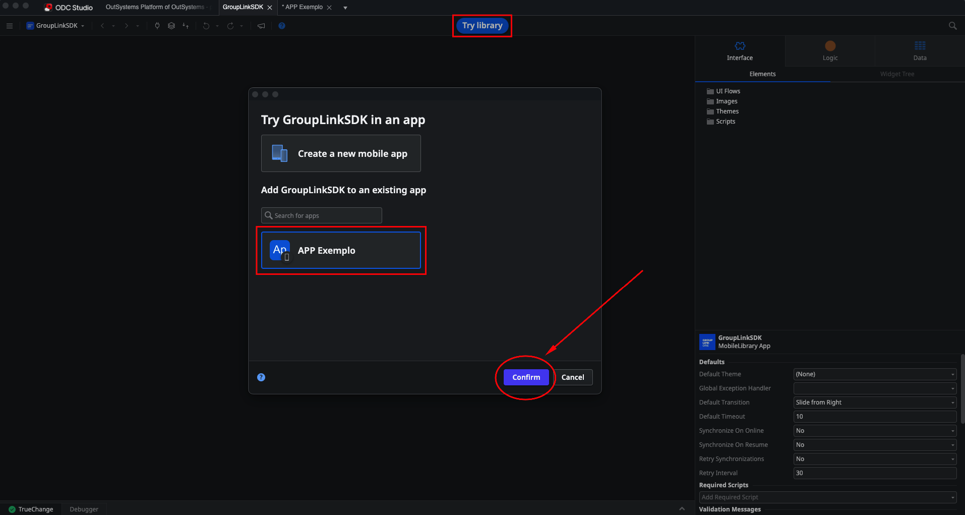 Tela do ODC Studio exibindo o modal "Try GroupLinkSDK in an app", com a opção de adicionar a Mobile Library ao app selecionado e uma seta vermelha circulando o botão "Confirm".
