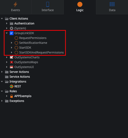 A imagem mostra a aba "Logic" do ODC Studio exibindo as Client Actions disponibilizadas pela Mobile Library GroupLinkSDK, sendo elas: RequestPermissions, SetNotificationName, StartSDK e StartSDKAndRequestPermissions.
