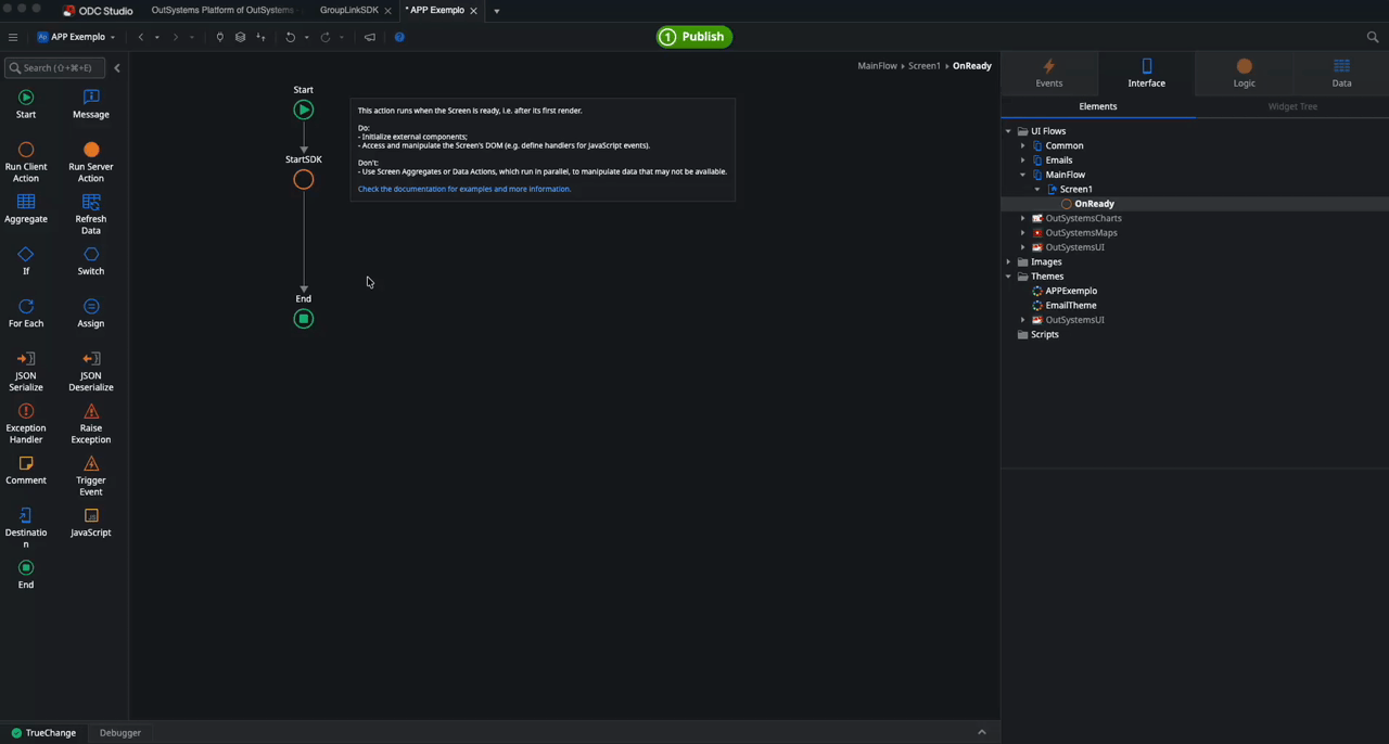 Tela do ODC Studio exibindo a adição de uma segunda ação ao fluxo lógico "OnReady". O usuário arrasta uma nova "Client Action" para o fluxo, logo após a ação de "StartSDK". Abre-se uma janela de seleção onde, dentro da Mobile Library "GroupLinkSDK", é escolhida a ação de "RequestPermissions".
