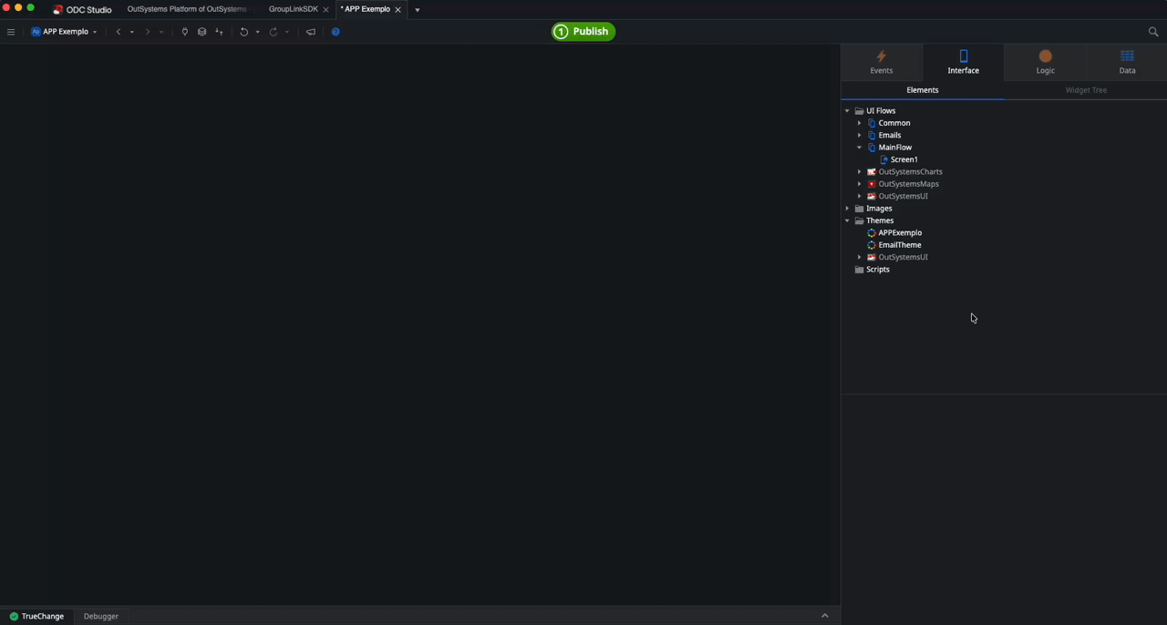 Tela do ODC Studio exibindo a implementação de uma lógica no evento 'OnReady'. O usuário seleciona a tela inicial do APP na árvore de elementos à direita, acessa a aba de propriedades e cria um evento de 'OnReady'. A visualização muda para o editor de fluxo lógico, onde o usuário arrasta uma 'Client Action', seleciona a ação 'StartSDKAndRequestPermissions' de dentro da Mobile Library 'GroupLinkSDK' e preenche o parâmetro de entrada 'Token' com um valor de string no painel de propriedades inferior.