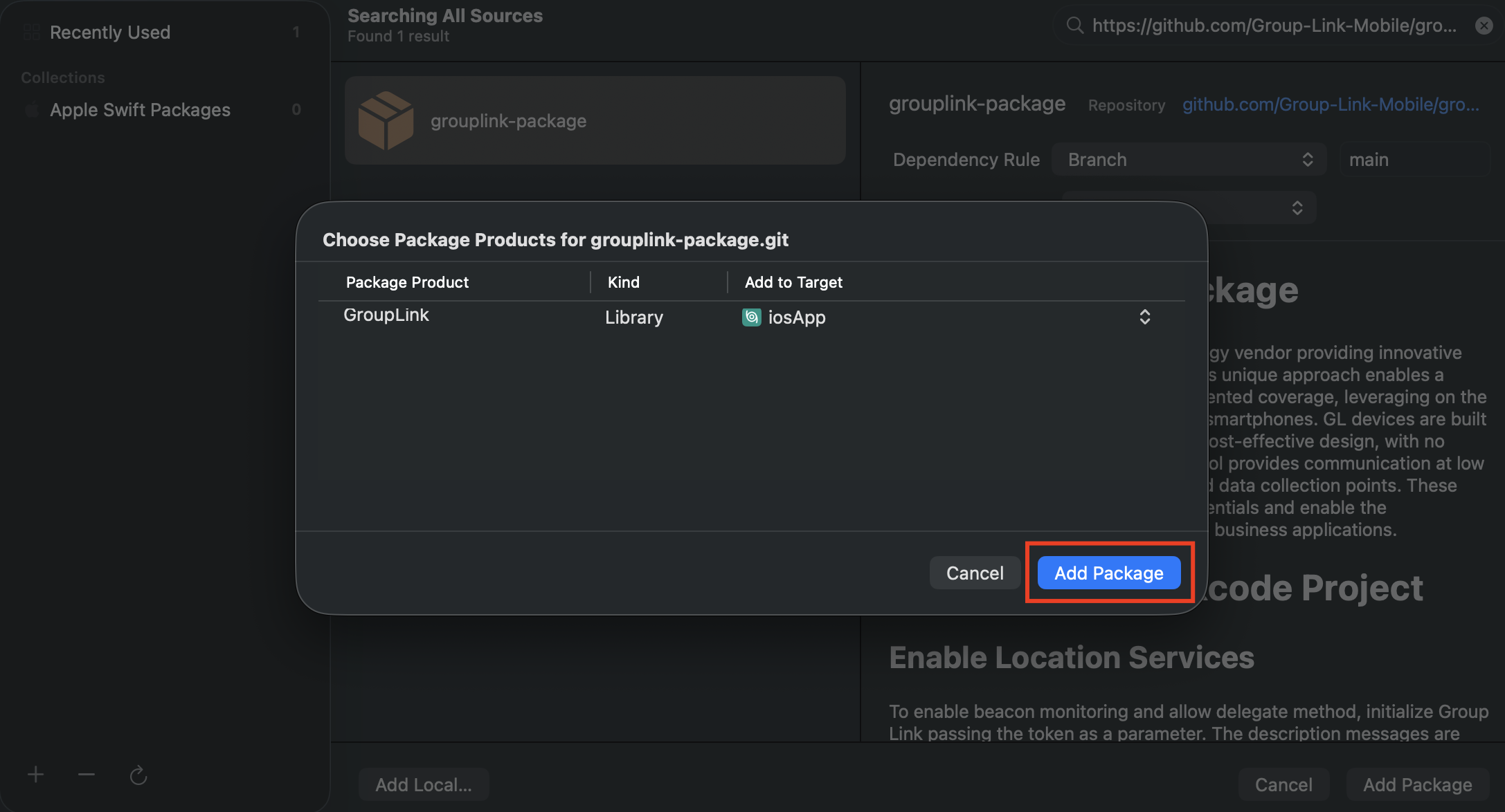 Modal de seleção do pacote grouplink-package no Xcode, listando o produto GroupLink do tipo Library a ser adicionado ao target. O botão Add Package, no canto inferior direito do diálogo, está destacado em vermelho.