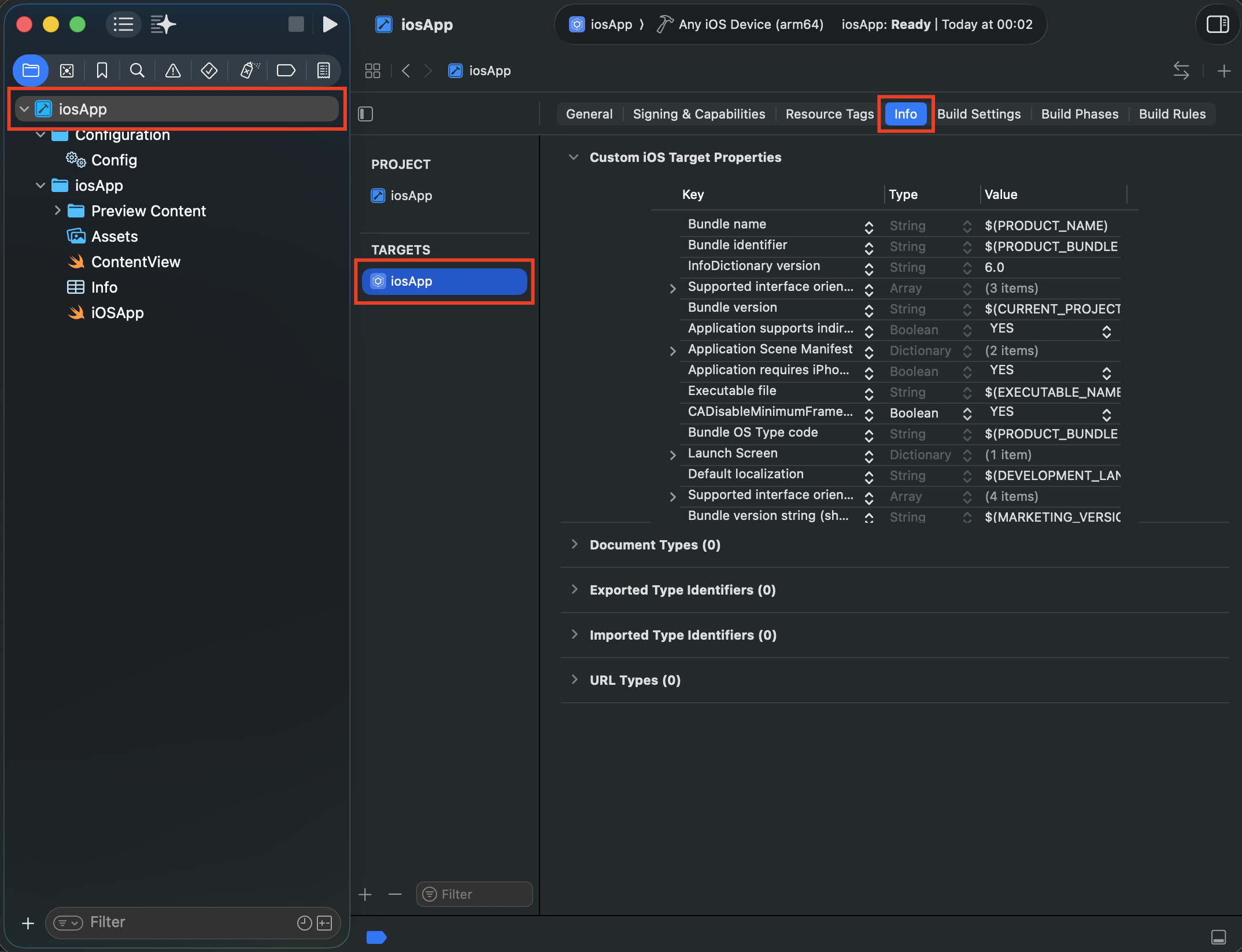 Janela do Xcode exibindo a aba Info do target. Três áreas estão destacadas em vermelho: o nome do projeto no topo do navegador à esquerda, o target do aplicativo na seção TARGETS e a aba Info no topo do editor. À direita, a seção Custom iOS Target Properties lista as chaves das permissões e seus respectivos valores.