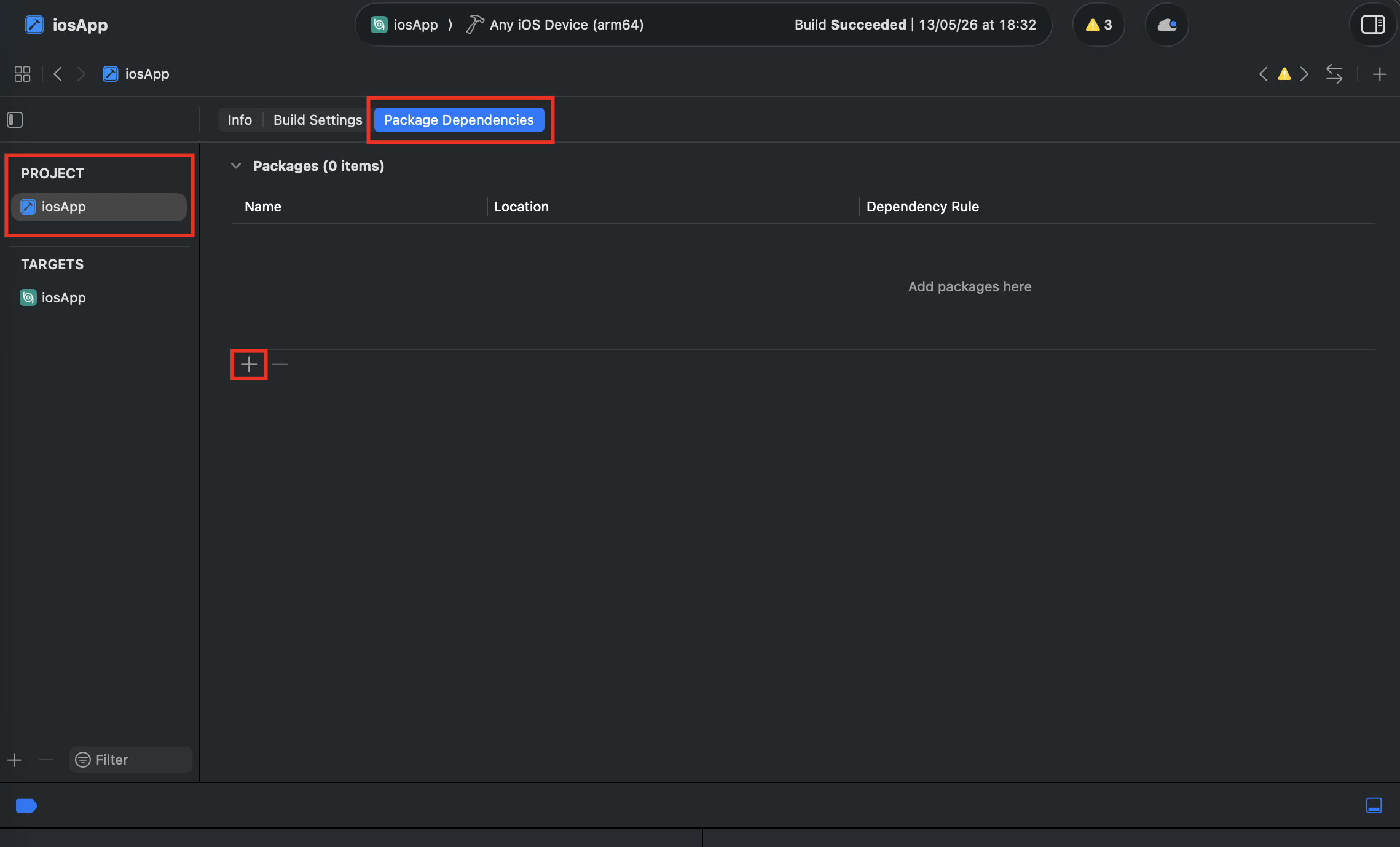 Tela do Xcode, com três áreas destacadas em vermelho: a seção PROJECT da barra lateral esquerda, a aba Package Dependencies no topo do editor e o botão de '+' no canto inferior da lista de pacotes. A lista de Packages está vazia (0 items), exibindo a mensagem "Add packages here".