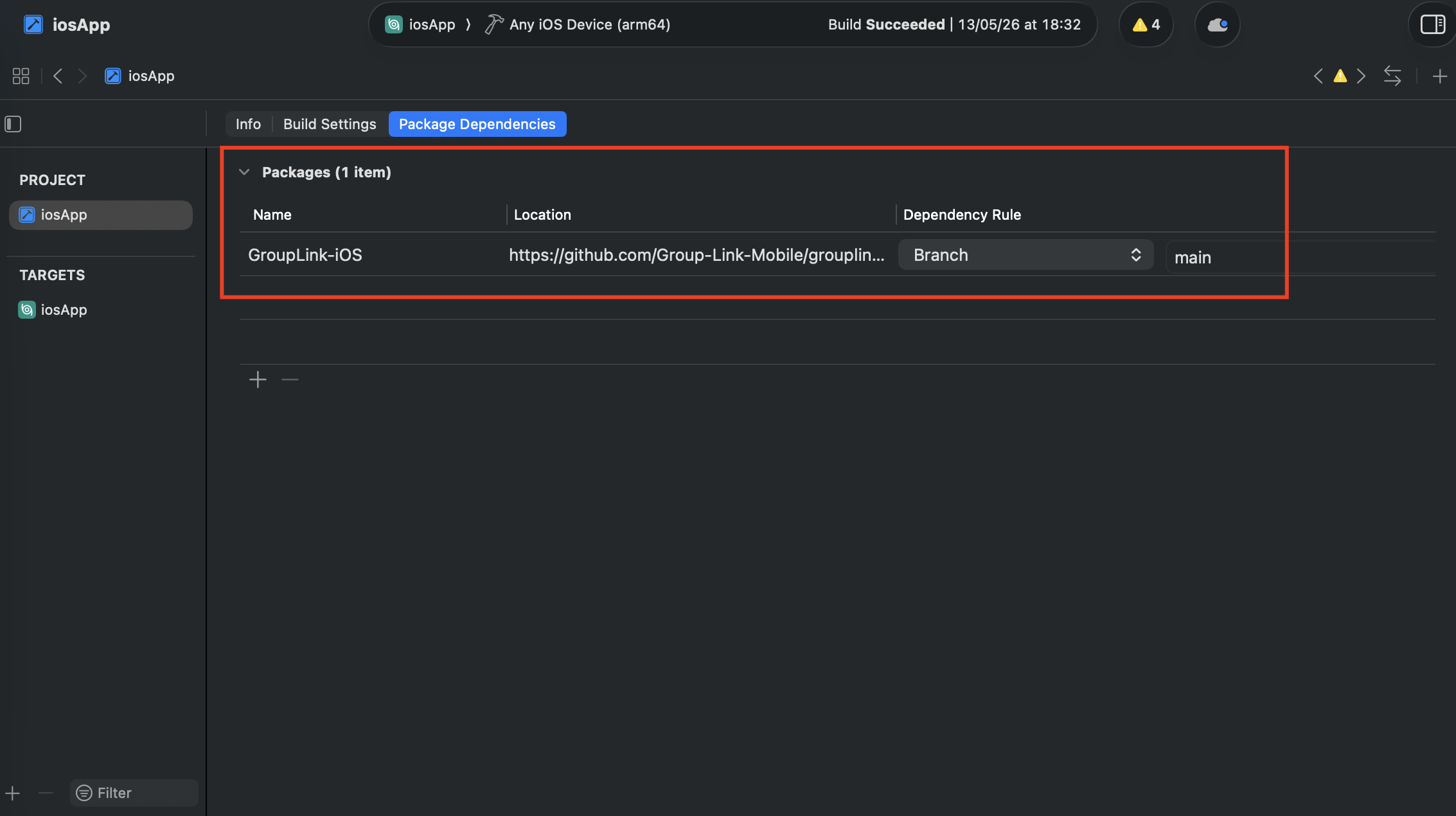 Aba Package Dependencies do projeto no Xcode, exibindo 1 item na lista de Packages. O pacote do GroupLink aparece com a location para o repositório do GitHub e a Dependency Rule definida como Branch main.