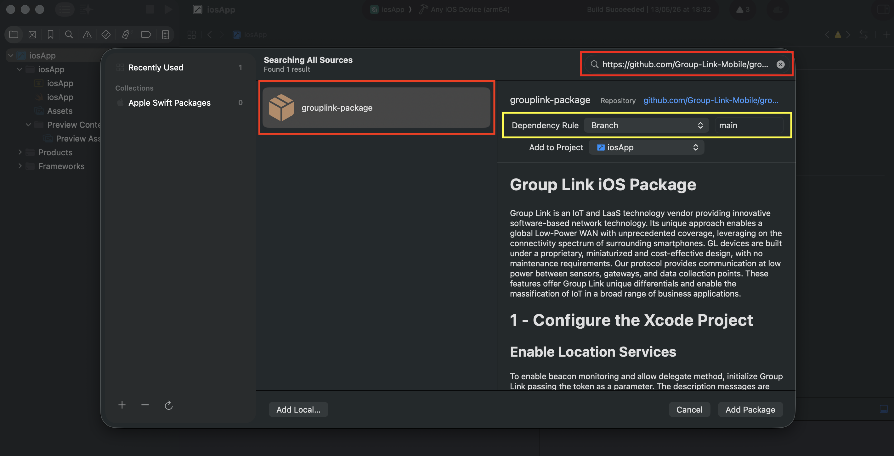 Janela de adição do Swift Package Manager (SPM) no Xcode com a busca retornando o repositório grouplink-package. A URL aparece destacada em vermelho no campo de pesquisa no canto superior direito, e o pacote grouplink-package está destacado em vermelho na lista de resultados. Os campos Dependency Rule definido com a Branch com o valor 'main' estão destacados em amarelo.